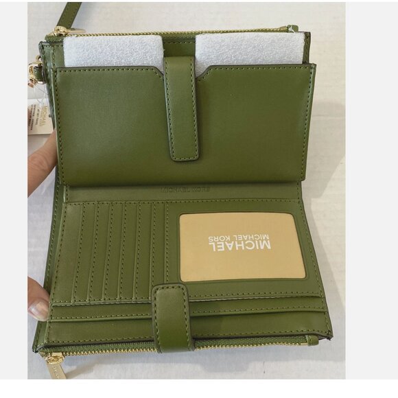 New Michael Kors Jet Set Travel Double Zip Wallet Brown Evergreen with Gift Box - Picture 5 of 8